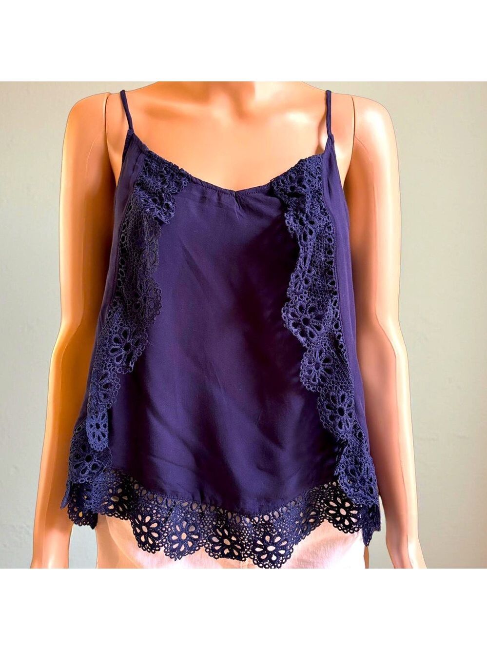 (3 for $12 item) Umgee Blue Spaghetti Strap Lace Hem Tank - Medium
